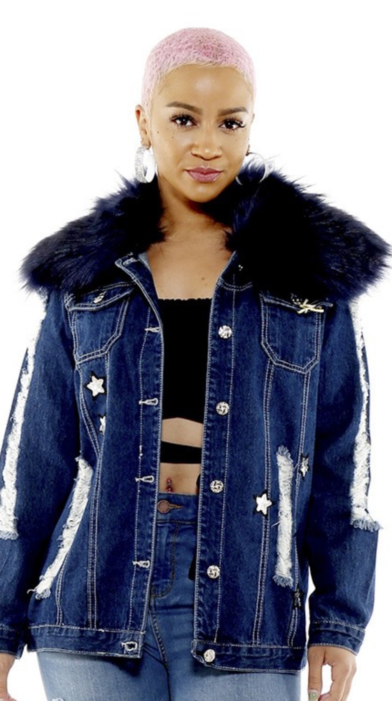 Paris Denimland Distressed Denim Jacket w/Fur